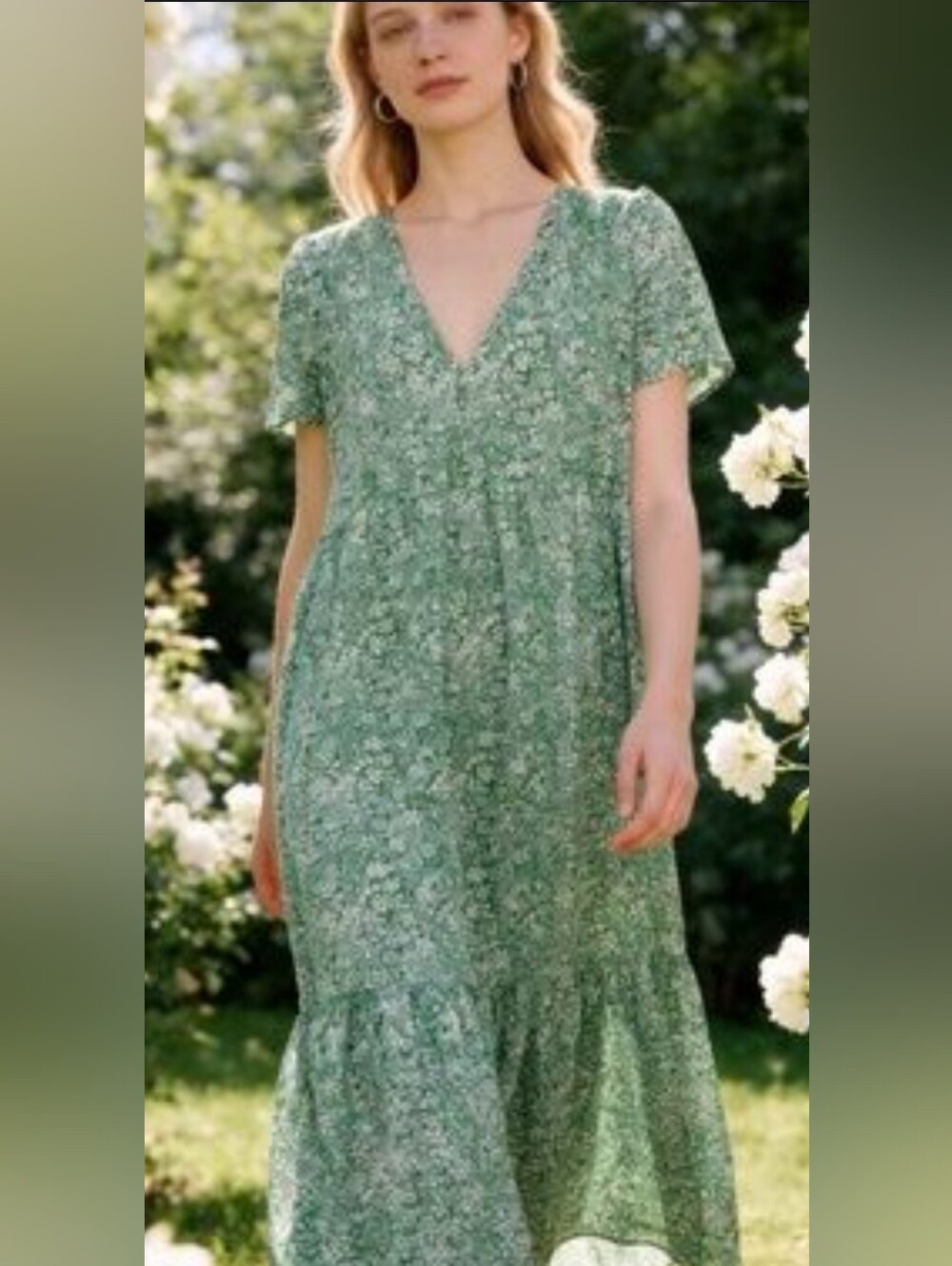 Zara Floral Tiered Dress Size Small Green Cottagecore Short Sleeve Feminine